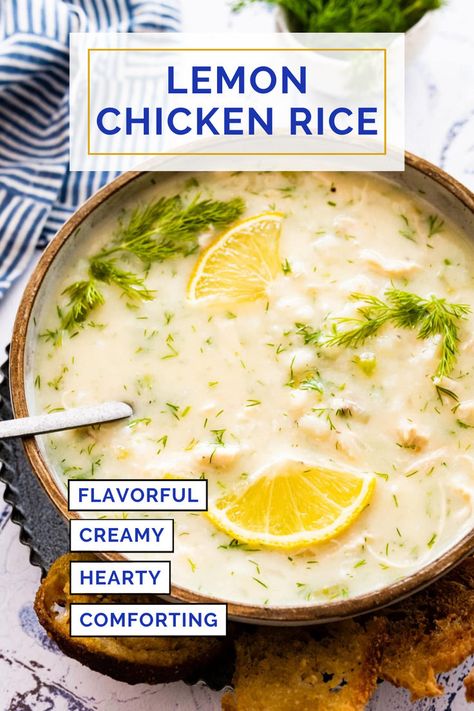 Greek lemon chicken rice in a bowl. Lemon Chicken Rice Soup, Greek Lemon Soup, Greek Lemon Rice Soup, Lemon Chicken Rice, Lemon Rice Soup, Greek Lemon Rice, Avgolemono Soup, Greek Lemon Chicken Soup, Chicken Risotto