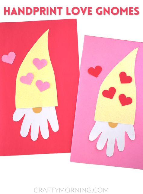 Handprint Love Gnomes- cute valentines day craft for kids to make as keepsake gift! Easy vday art project/diy project for the kids. Cute gnome valentine Vday Crafts, Preschool Valentine Crafts, Toddler Valentine Crafts, Gnome Valentine, Valentine Art Projects, Crafty Morning, February Crafts, Easy Valentine Crafts, Valentine Craft