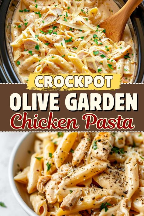 This easy Crockpot Olive Garden chicken pasta is comforting and delicious! With a creamy sauce and the flavors of the signature dressing, it's impossible to resist. Olive Garden Chicken Pasta Crockpot, Crock Pot Olive Garden Chicken, Crockpot Olive Garden Chicken, Slowcooker Pasta, Olive Garden Chicken Alfredo, Slow Cooker Kip, Olive Garden Chicken Pasta, Pasta Crockpot, Olive Garden Chicken