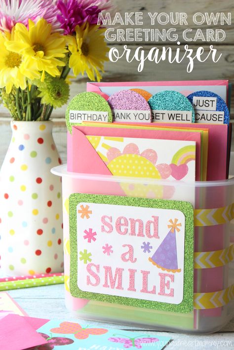 DIY Greeting Card Organizer Using Cardstock Paper And A Storage Bin How To Store Greeting Cards, How To Organize Greeting Cards, Diy Greeting Card Organizer, Greeting Card Storage Michaels Stores, Postcard Storage, Cardstock Cricut, Greeting Card Organizers, Card Organization, Greeting Card Organizer