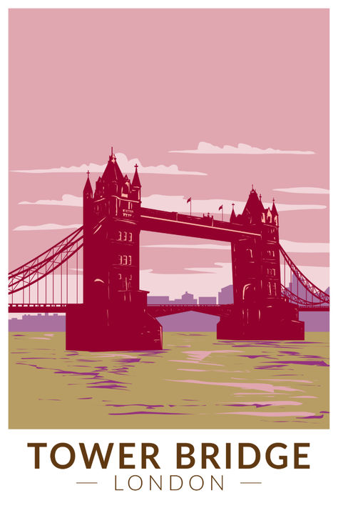 Retro-inspired poster of Tower Bridge in London, featuring vintage colors and design elements that highlight the landmark's architectural elegance. Roots Illustration, Istanbul Turkey Photography, Landmark Poster, London Illustration, Tower Bridge London, London Poster, Typographic Art, London Design, East London