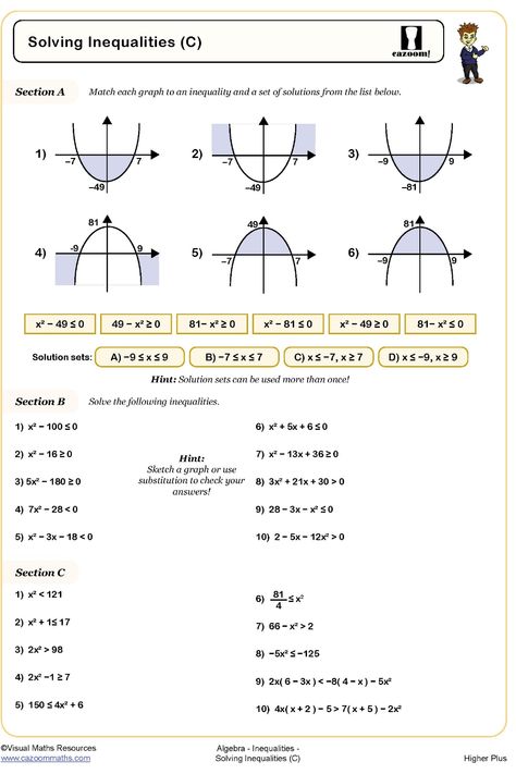 Discover a comprehensive Solving Inequalities worksheet that focuses on quadratic inequalities. Section A involves matching graphs with corresponding inequalities, while Section B tackles solving quadratic inequalities through factorization. Meanwhile, Section C provides solutions for simplified quadratic inequalities. Enhance your understanding of this concept with this detailed worksheet. 11 Worksheet, Quadratic Inequalities, Inequalities Worksheet, Solving Inequalities, Maths Worksheets, Section A, Math Worksheet, Problem Solving Skills, Year 11