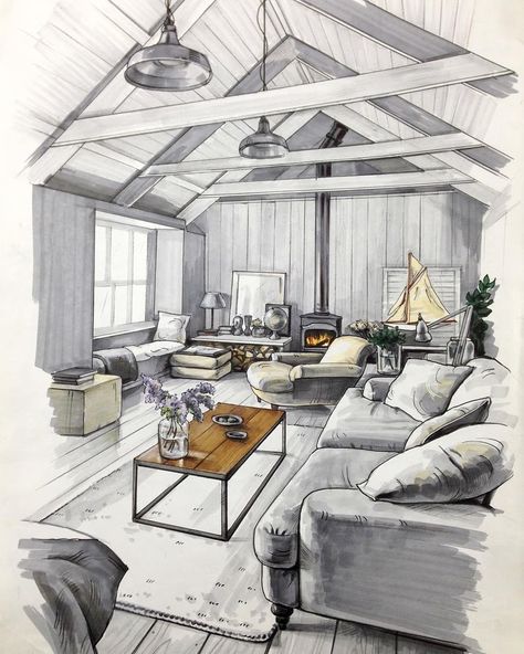 Living Room in a Cottage. Interior Design Sketches a Source of Inspiration. By Matveeva Anna. Room Sketch, Rendering Interior, Pelan Rumah, Drawing Interior, Interior Design Renderings, Interior Architecture Drawing, Interior Design Drawings, Interior Design Sketch, Interior Design Sketches