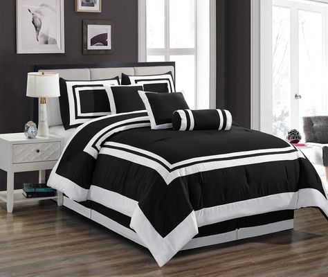 PRICES MAY VARY. 100% Polyester Caprice 7-Piece Comforter Set Includes: 1 Comforter, 2 Shams, 2 Square Cushions, 1 Neck roll, and 1 Bed Skirt Queen Size Measurements: Comforter 90" x 92", Shams 20" x 26", Bedskirt 60" x 80" +14", Square Cushions 18" x 18", Neck Roll 7" x 18" Hotel style bedding comforter set to resemble that five-star ambiance in your bedroom with a classic yet sophisticated two-toned design with contrasting double square framed borders Made of 100% Polyester, the pattern is fab