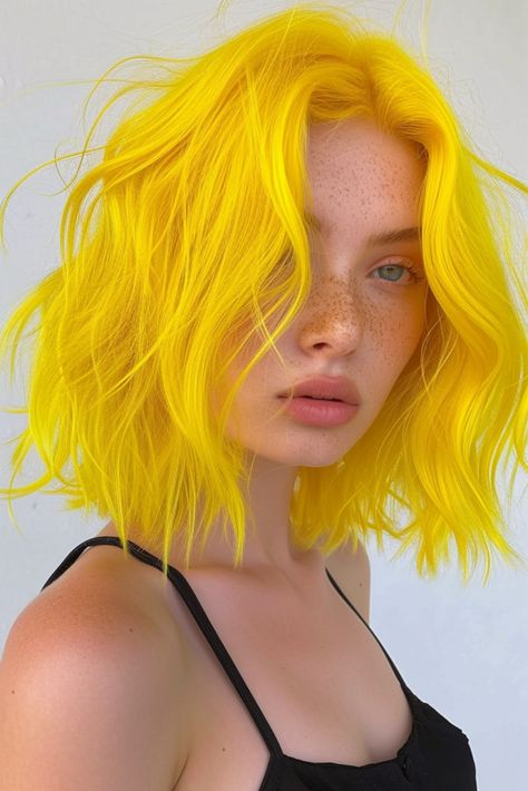 Short Colourful Hair, Neon Hair Ideas, Hair Dye Colors For Short Hair, Multi Hair Color, Hair Models Hairstyles, Short Yellow Hair, Yellow Hair Color Ideas, Boxer Aesthetic, Color Trends 2024