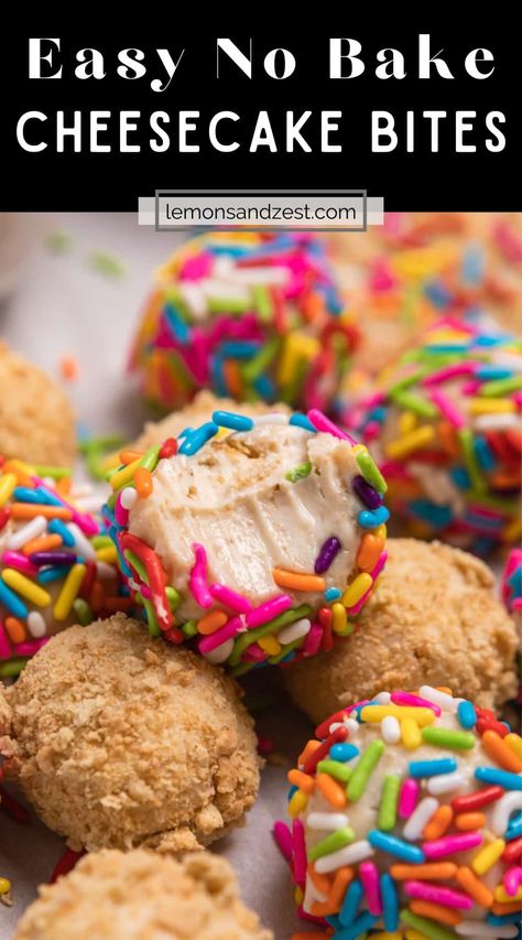 These simple no bake Cheesecake Balls are rich and creamy with all the flavor of cheesecake but in a bite sized treat. Only 4 ingredients needed and then the coating of your choice! Coat them in sprinkles, chocolate and much more. Great for parties and everything in between! No Bake Cheesecake Balls, Simple No Bake Cheesecake, Quick Yummy Desserts, No Bake Cheesecake Bites, Chocolate Cheesecake Bites, Cheesecake Balls, Cream Cheese Ball, Easy No Bake Cheesecake, Easy Cheesecake Recipes