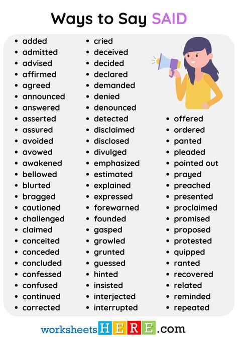 Ways to Say SAID Words List PDF Worksheet For Students - WorksheetsHere.com Different Ways To Say Said, Another Word For Said, Other Words For Said, Words For Said, Ways To Say Said, Words List, Writing Inspiration Tips, Other Ways To Say, Learning English