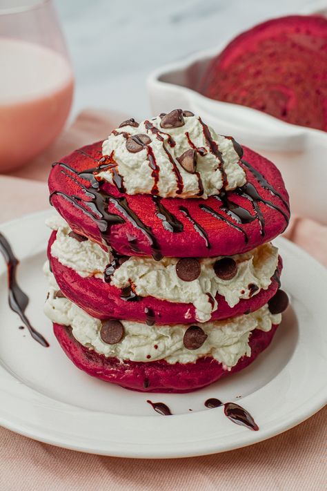 Homemade Red Velvet Pancakes Recipe | Meiko and The Dish Colorful Pancakes, Red Velvet Pancake, Velvet Desserts, Four Cheese Pasta, Cream Cheese Whipped Cream, Red Velvet Desserts, Red Velvet Pancakes, Cheese Sauce For Pasta, Cheese Sauce Recipe