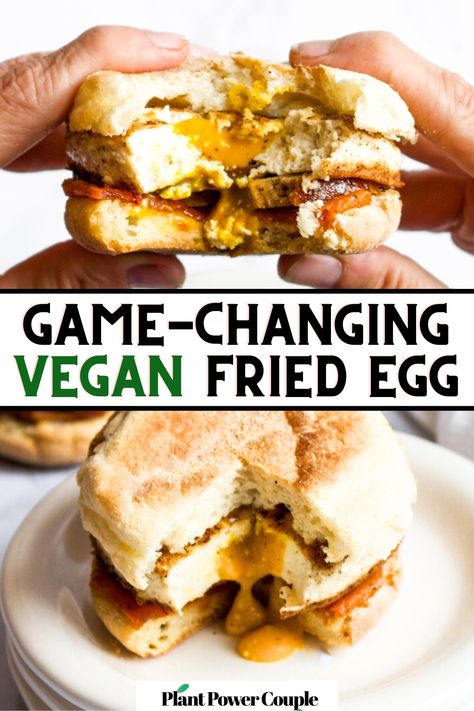 Two head on photos of hands holding a breakfast sandwich with a bite taken out of it and text reading: game-changing vegan fried egg Fast Vegan Breakfast, Vegan French Toast Recipe, Vegan Breakfast Ideas Easy, Cool Vegan Recipes, Salty Vegan Breakfast, Vegetarian Egg Recipes, Southern Vegan Recipes, Vegan Breakfast High Protein, Meatless Breakfast Ideas