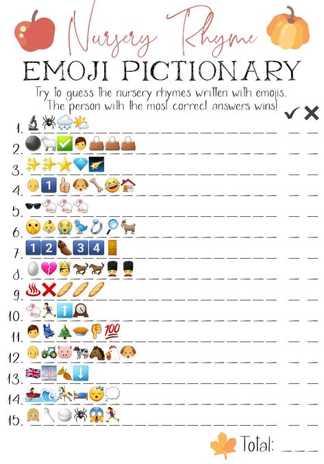 Nursery Rhyme "Emoji Pictionary" fall theme pumpkin Baby Shower Game Emoji Nursery Rhyme Game Free, Nursery Rhyme Theme Party, Emoji Pictionary Baby Shower Game, Pictionary Baby Shower Game, Nursery Rhyme Baby Shower Game, Nursery Rhyme Party, Fall Baby Shower Game, Nursery Games, Nursery Rhyme Theme