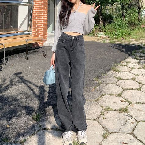 Spring Jeans, Retro Jeans, High Waist Wide Leg Pants, Hot Jeans, Trouser Style, Straight Trousers, Vintage Streetwear, Grey Jeans, Jeans Women