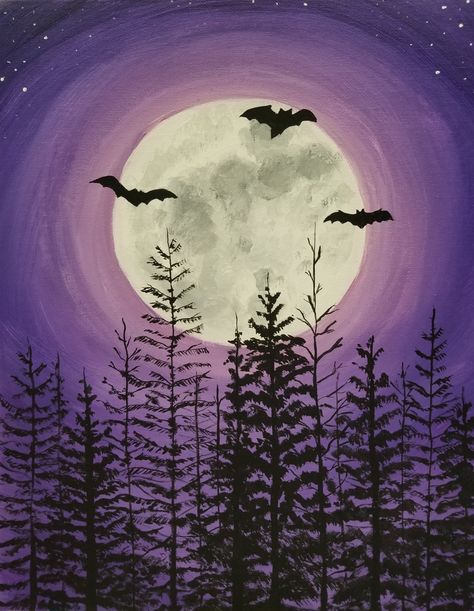 Bats Painting Easy, Halloween Sip And Paint Party Ideas, Simple Bat Painting, Halloween Diy Painting Canvas Easy, Paint Night Halloween, Scary Artwork Easy, Halloween Canvas Art Easy, Spooky Sky Painting, Halloween Night Sky Painting