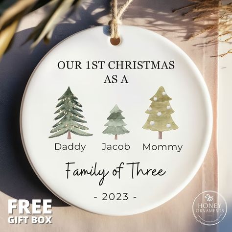 Baby's First Christmas Ornament, Ornament Family, Family Of 3, Family Of Three, Custom Christmas Ornaments, Christmas Ornaments Gifts, Baby First Christmas Ornament, Christmas Keepsakes, Baby Christmas