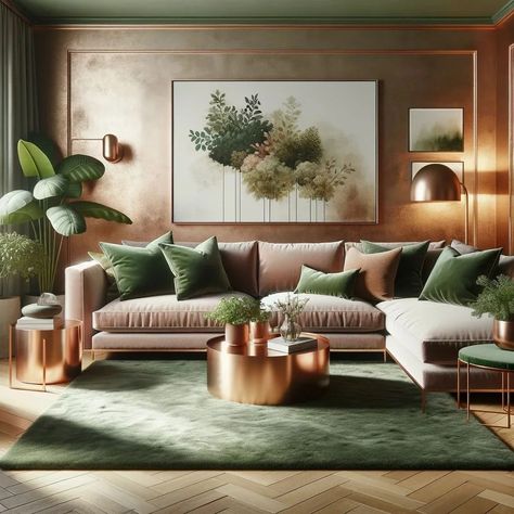 forest green and rose gold living room Living Room Designs With Green, Rose Gold Living Room, Green And Gold Living Room, Room Esthetics, Rose Gold Throw Pillows, Dark Home Aesthetic, Living Room Design Green, Green Upholstered Chair, Rose Gold Curtains