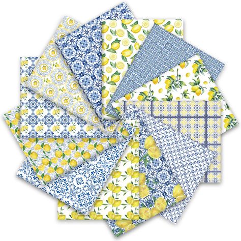 PRICES MAY VARY. QUANTITY: Includes 12 pieces of cotton fabric bundles, each has a different design, various designs and sufficient quantity can perfectly meet your holiday and daily needs. NOVEL DESIGN: Our cotton fabric bundles combine blue Chinoiserie and yellow lemon patterns, innovative and exquisite, full of aesthetic, give you a well oriental feeling, and the same time, create a happy summer atmosphere. GOOD QUALITY: Our fat quarters are all made of premium cotton, it feels comfortable, o Lemon Quilt, Summer Wedding Diy, Watercolor Lemon, Blue Chinoiserie, Wrapping Cloth, Quilt Fabric Collections, Lemon Patterns, Kitchen Themes, Wedding Diy