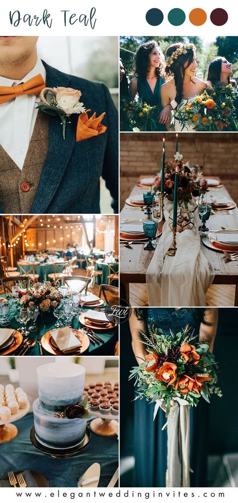 Orange Fall Wedding, Fall Wedding Color Ideas, Fall Wedding Color Schemes, Teal And Orange, Wedding Color Ideas, Wedding Themes Fall, Wedding Colors Blue, Teal Wedding, Wedding Palette