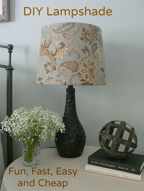 I did two of these lamps in two hours. It was fun, easy and cheap! Full how-to… Diy Abat Jour, Diy Bed Skirt, Diy Lampshade, Cover Lampshade, Diy Outdoor Lighting, Lampshade Makeover, Lamp Makeover, Diy Lampe, Diy Lamp Shade