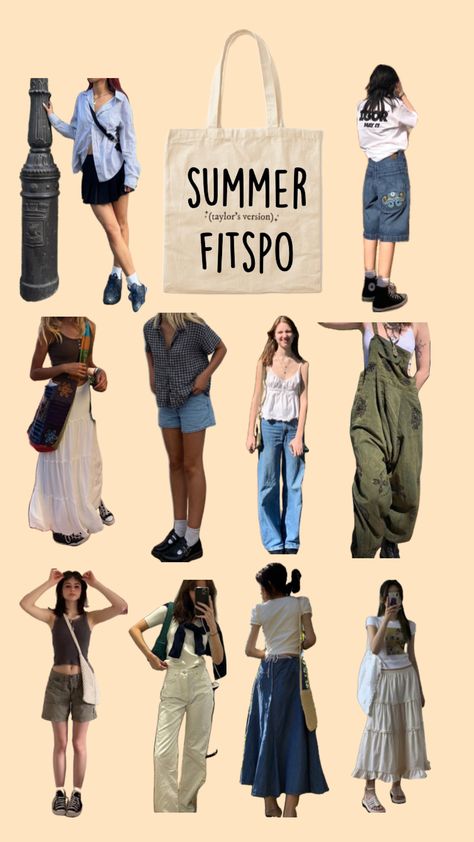 #outfit #outfitinspo #aesthetic #summer #europe #jorts #maxiskirt #totebag #inspo #fitspo #taylorswift #phoebebridgers #boygenius #pretty City Clothes Aesthetic, Summer Outfits Aesthetic Skirt, Summer Layers Outfit Aesthetic, Summer Outfits 2024 Aesthetic, Summer Outfits Moodboard, Outfit Inspo Aesthetic Casual Summer, Summer Movie Outfit, Ireland Outfits Summer, British Summer Outfits