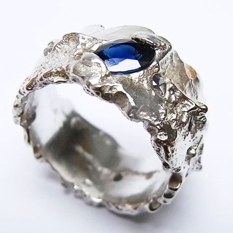 Up-cycled Ring from old family jewels with sapphire and diamonds trapped in the metal. Kelvin J Birk. 2019 Lost Wax Jewelry, Freeform Ring, Cast Rings, Rough Jewelry, Raw Gemstone Ring, Pearl And Diamond Ring, Medieval Jewelry, Family Jewels, Gold Bracelet Cuff