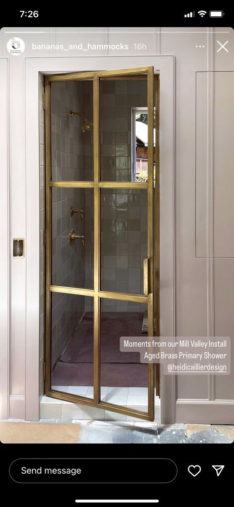 Brass Shower Door, Master Bath Renovation, House Bathrooms, Eclectic Bathroom, Pretty Bathrooms, Dream Bath, Cool Doors, Brass Shower, Bathroom Shower Tile