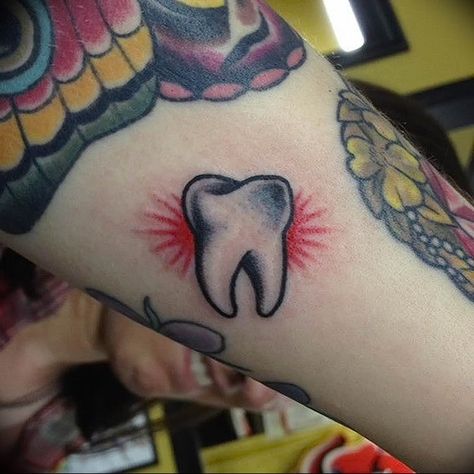 Tooth Tattoo Stick And Poke, Tooth With Wings Tattoo, Trad Tooth Tattoo, Traditional Tooth Tattoo, Traditional Tattoo Tooth, Tattoo Sleeve Filler, Tooth Tattoo, Rune Tattoo, Party Tattoos