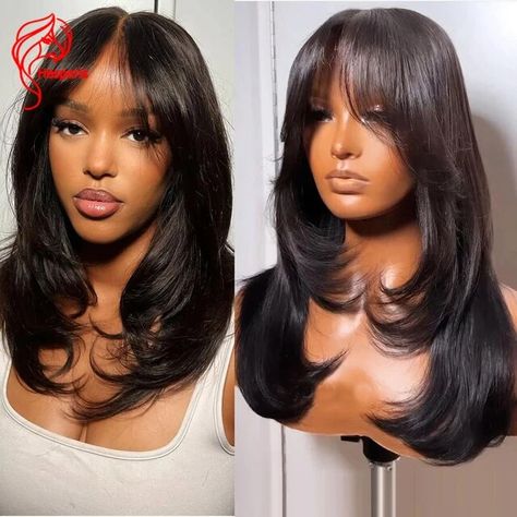 Hesperis Layered Straight Curtain Bang 13x6 Glueless Lace Front Human Hair Wig Pre Plucked Pu Silk Base Lace Closure Wig - AliExpress Aliexpress Wigs, Layered Hair With Bangs, Frontal Wig Hairstyles, Birthday Hairstyles, Remy Human Hair Wigs, Curtain Bangs, Womens Wigs, Wigs With Bangs, Wigs For Black Women