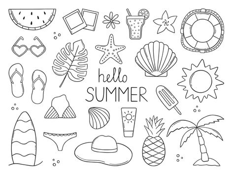 Set of summer doodle.  Summer beach elements in sketch style. Hand drawn vector illustration isolated on white background. Summer Drawings Doodles, Beachy Doodles, Drawing Ideas Summer, Beach Doodle, Beach Doodles, Summer Doodles, Codes Wallpaper, Beach Elements, Beach Sketches