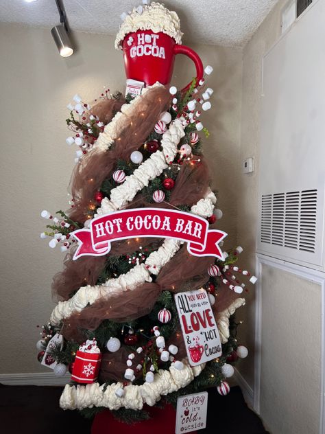 Booze Christmas Tree, Hot Chocolate Themed Christmas Tree, Hot Cocoa Tree Decoration, Hot Cocoa Tree, Christmas Cafeteria Decorations, Food Theme Christmas Tree, Hot Cocoa Christmas Tree, Wine Christmas Tree, Christmas Chimney