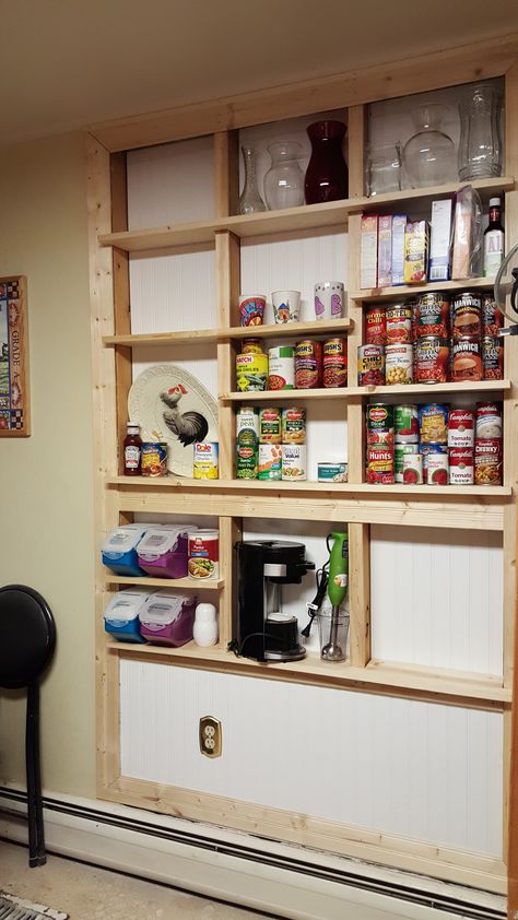 The "between the studs" shelves we created in our kitchen have given us a TON of extra space for storage! Shelves In Between Studs, Recessed Shelves Kitchen, Sauna Business, Stud Storage, Stairs Pantry, Open Kitchen Cabinet, Between The Studs, Shallow Pantry, Between Studs