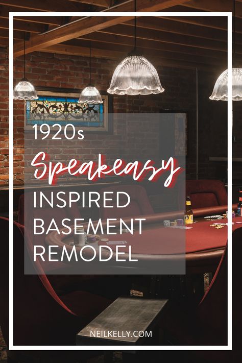 This Portland basement remodeling project features open space and period charm. The designer shares, “The homeowners wanted their basement to feel like a hidden gambling and drinking space during the era of prohibition. They wanted it to reflect the essence of the roaring 20s, drawing inspiration from some of the older buildings in downtown Portland.” Home Bar 1920s, Vintage Bar Room Ideas, Vintage Basement Remodel, Prohibition Style Basement, Speakeasy Bar Lighting, Speakeasy Basement Remodel, Speakeasy Media Room, Prohibition Style Home Bar, Speakeasy Bar Ideas For Home