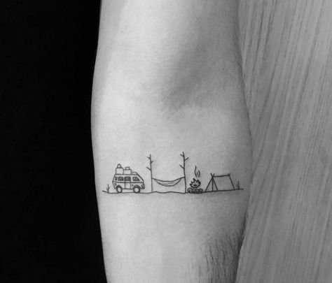 Couple Camping Tattoo, Couples Camping Tattoos, Scouts Tattoo Ideas, Campsite Tattoo, Scout Tattoo Ideas, Skiing Tattoo Ideas, Campervan Tattoo, Roadtrip Tattoo, Camper Tattoo