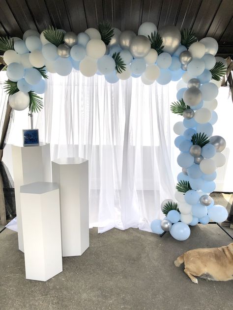 Blue White Theme Birthday Party, Backdrop Decorations Birthday At Home, Birthday Theme Blue And White, Blue White Balloon Decorations, Light Blue And White Grad Party, Blue And White Balloon Backdrop, Blue White Silver Birthday Decorations, Light Blue Silver And White Party Decorations, Simple Baptism Backdrop