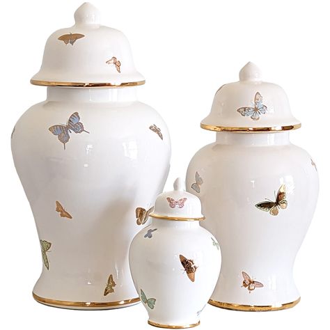 Gilded Butterflies Ginger Jars Ginger Jar Flower Arrangements, Gold Aesthetic Decor, Grand Millennial Home Decor, Vintage Whimsical Decor, Ginger Jars Decor, Girly Wishlist, Pretty Pastel Colors, Rental Friendly, Grandmillenial Style