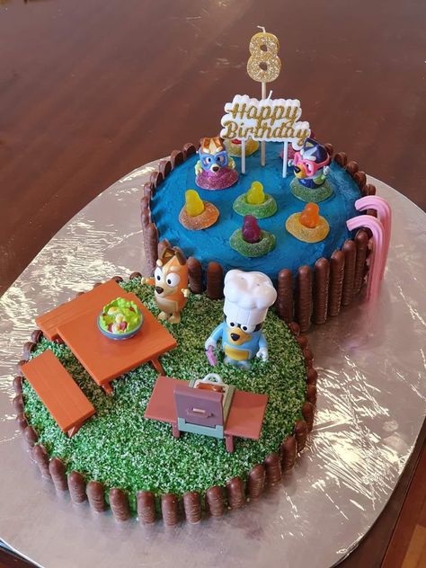 Bluey Cake Swimming Pool, Bluey Pool Cake, Bluey Beach Cake, Bluey Pool Party Ideas, Bluey Birthday Party Cake, Summer Party Cake, Swimming Pool Cake, Costco Cake, Mario Birthday Cake