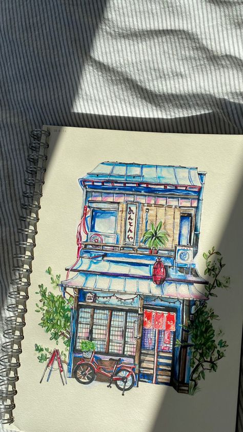 Japanese Stores Drawing, Japanese Aesthetic Drawings, Japanese Color Pencil Art, Pencil Color Drawing Aesthetic, Colored Pencil Architecture Drawing, Japanese Drawings Pencil, Japanese Home Drawing, Rando Marker Architecture, Drawing Japanese House