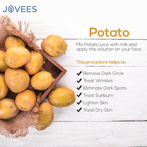 Wednesday Wonder! Benefits of potato for skin! #wonderwednesday #wednwsdaywonder #acnefreeskin #skinbrighten #ingredients #beautytips #skincareathome #skincare #beauty #natural #jovees Potato For Dark Circles, Potato For Skin, Potato Face, Benefits Of Potatoes, Beauty Tips With Honey, Sunburn Skin, Potato Juice, Acne Free Skin, Face Care Tips