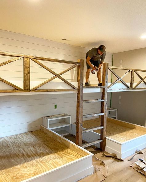 Bonus Room With Built In Bunk Beds, Bunk Living Room, Diy Built In Bunk Beds With Stairs, Full Size Bunk Bed Built In, Diy Bunk Room Ideas, Bunk Room In Basement, Built In Bunk Beds With Slide, Bunk Room Loft, Rustic Built In Bunk Beds