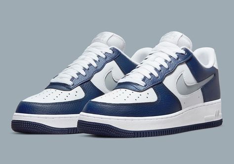 Gray Nike Shoes, New Sneaker Releases, Pretty Sneakers, White Air Force 1, Nike Shoes Air Force, Back To School Shoes, Navy Air Force, Navy Sneakers, Custom Nike Shoes