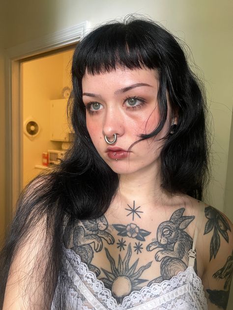 Micro Bangs And Layers, Long Shag With Micro Bangs, Goth Style Tattoo, Medium Length Goth Hair, Hairline Tattoo For Women, Hair Styles Goth, Microbangs Round Face, Black Hair And Tattoos, Choppy Baby Bangs