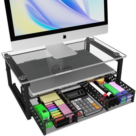 PRICES MAY VARY. 【REINFORCED GLASS MONITOR STAND】This glass computer monitor stand can hold up to 220 pounds！Makes it ideal for all computers, monitors and laptops, great for use at home, the office or a home 【MULTIFUNCTIONAL ORGANIZATION】Built-in drawer is perfect for organizing office supplies and accessories, and there is also a complimentary coffee capsule organizer; Flat tray on the bottom with plastic desktop accessory drawer organizer. 【DOUBLE STORAGE】 There are 2 tier of storage provided Computer Desk Organization, Accessory Drawer, Computer Monitor Stand, Organizing Office, Hanging Drawers, Coffee Pod Holder, Office Supply Organization, Monitor Stand, Drawer Organizer