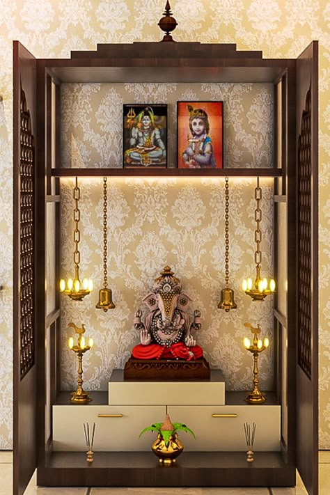 ganpati-decoration-ideas-from-celeb-homes Simple Pooja Mandir Designs, Pooja Room Simple Designs, Pooja Ghr Ideas, Home Mandir Designs Puja Room Simple, Simple Home Temple Design, Pooja Room Design Simple, Decoration Items Home Decor, Pooja Room Mandir Design, Simple Puja Unit