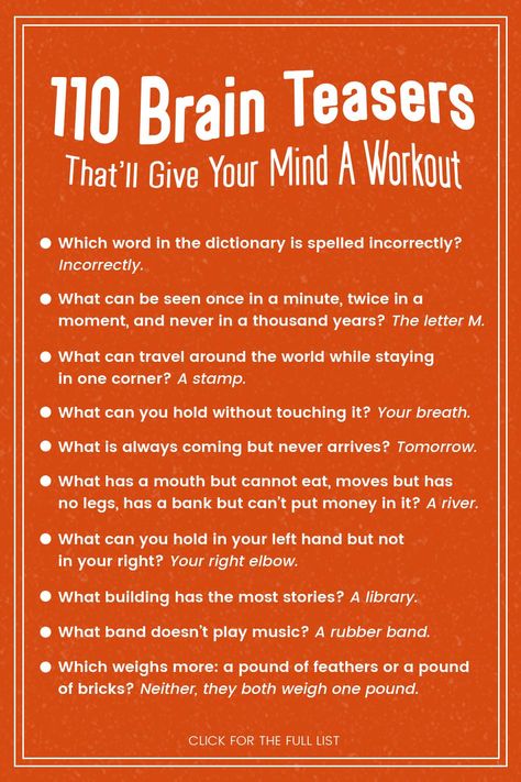 110 Brain Teasers For Adults & Kids (With Answers) | YourTango Brain Teasers For High School Students, Middle School Brain Teasers, Questions That Extend The Brain, Riddles With Answers Funny Brain Teasers, Brain Activity Games, Brain Teasers And Answers, Easy Brain Teasers, Word Puzzles Brain Teasers, Hard Brain Teasers