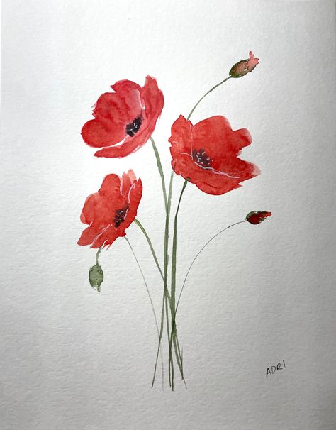 An original watercolor painting of delicate red poppies with long stems. Minimalistic wall art and house decor. A perfect gift for any occasion.   It measures 9" x 11'' and is shipped unmatted and ready to frame. This painting's brilliant colors will stand out and enhance your house decor. I take great care in packaging so you will get it in perfect condition. Made in San Francisco. Please reach out with questions!  - Adri AUTHENTIC ONE-OF-A-KIND ARTWORK This painting is an original, not a print Red Poppies Watercolor, Orange Poppies Painting, Minimalist House Decor, Watercolour Poppies, Poppy Watercolor Painting, Poppy Paintings, Red Flowers Painting, House Decor Wall, Red Poppy Painting