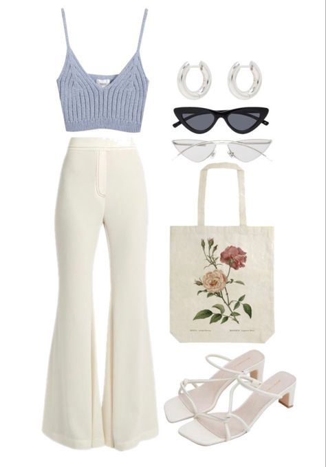 White Pants And Heels Outfit, Small Heels Outfit Casual, Blue Knit Top Outfit, White Background Pics Of Clothes, White Heels Outfit Aesthetic, Light Blue Outfits Aesthetic, Outfit Template Aesthetic, White Knit Pants Outfit, White Pants Blue Top Outfit