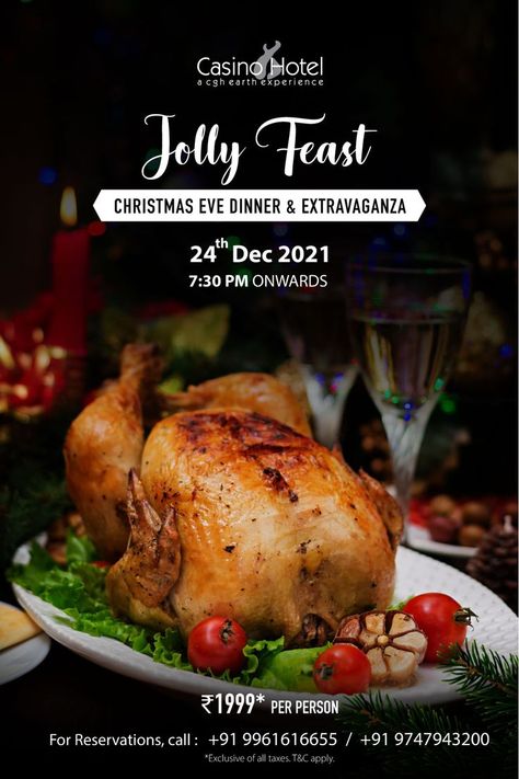 Have a jolly good evening on Christmas eve at Casino Hotel! Enjoy an exclusive dinner buffet with live music performed by Exodus The Band, and more for ₹1999* per person on 24th Dec. For reservations, call: +91 9961616655/+91 9747943200. #CasinoHotel #Christmaseve #Dinner #CasinoNostalgia #Buffetstyle #KochiRestaurant #EatKochiEat #KochiDiaries #Kochifoodies #WeloveKochi #Foodies #Food #Christmas #ChristmasSpecial #ChristmasBuffet #Feast #ChristmasFeast Dinner Buffet, Hotel Buffet, Christmas Buffet, Chocolate Pictures, Food Christmas, Christmas Eve Dinner, Restaurant Flyer, Food Menu Design, Casino Hotel