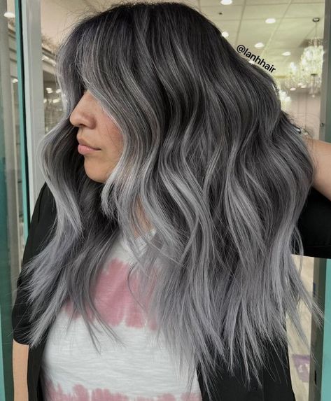 Transitioning to Gray Charcoal Balayage Grey Ashy Balayage, Dark Gray Hair With Silver Highlights, Grey Hair Balayage Dark Roots, Slate Gray Hair, Smokey Hair Color Gray, Dark Gray Balayage, Black To Silver Balayage, Charcoal Hair Balayage, Ash Gray Balayage On Dark Hair