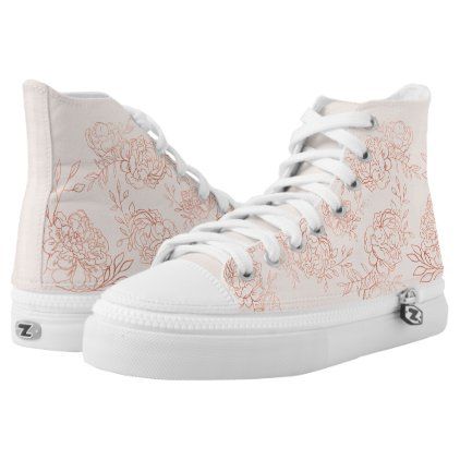 Pink and Rose Gold Elegant Sketched Floral High-Top Sneakers Quince Shoes, Rose Gold Quince, Quinceanera Shoes, Rose Gold Quinceanera, Quince Themes, Quinceanera Pink, Mexican Quinceanera Dresses, Pink Quince, Quinceanera Dresses Pink