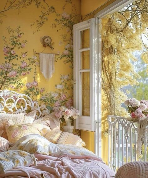 English Garden Inspired Bedroom, Pink Cottagecore Room, Yellow Room Aesthetic, Yellow Bedroom Aesthetic, Casa Vintage, Yellow Bedroom, Stylish Bedroom, Dream Room Inspiration, Decoration Inspiration