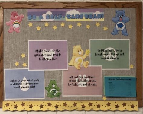 Care Bear Mental Stress tips RA bulliten board Self Care Bear Bulletin Board, Care Bear Door Decs, Care Bears Bulletin Board, Carebear Classroom Theme, Care Bear Bulletin Board, College Event Ideas, Residence Life Bulletin Boards, School Clinic, Dorm Door Decorations