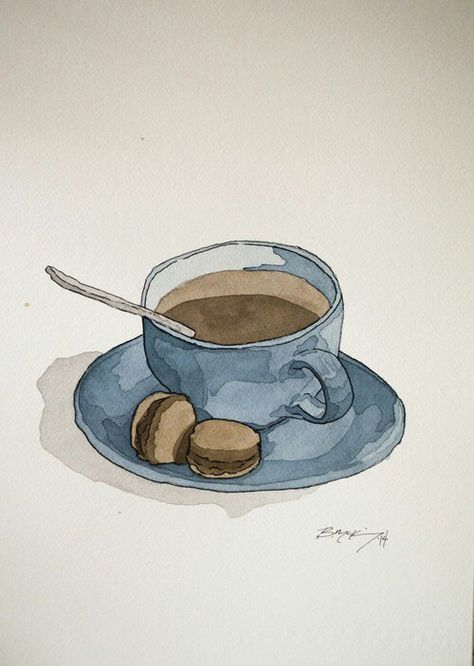 Coffee Mug Drawing, Chocolate Macaroons, Artist Prints, Istoria Artei, Watercolor Food, Blue Art Prints, 수채화 그림, Watercolor Art Lessons, Watercolor Paintings Tutorials